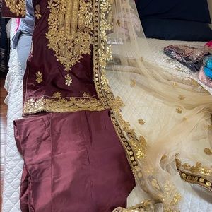3 PC Maroon + Gold Suit | Pant, Dupatta